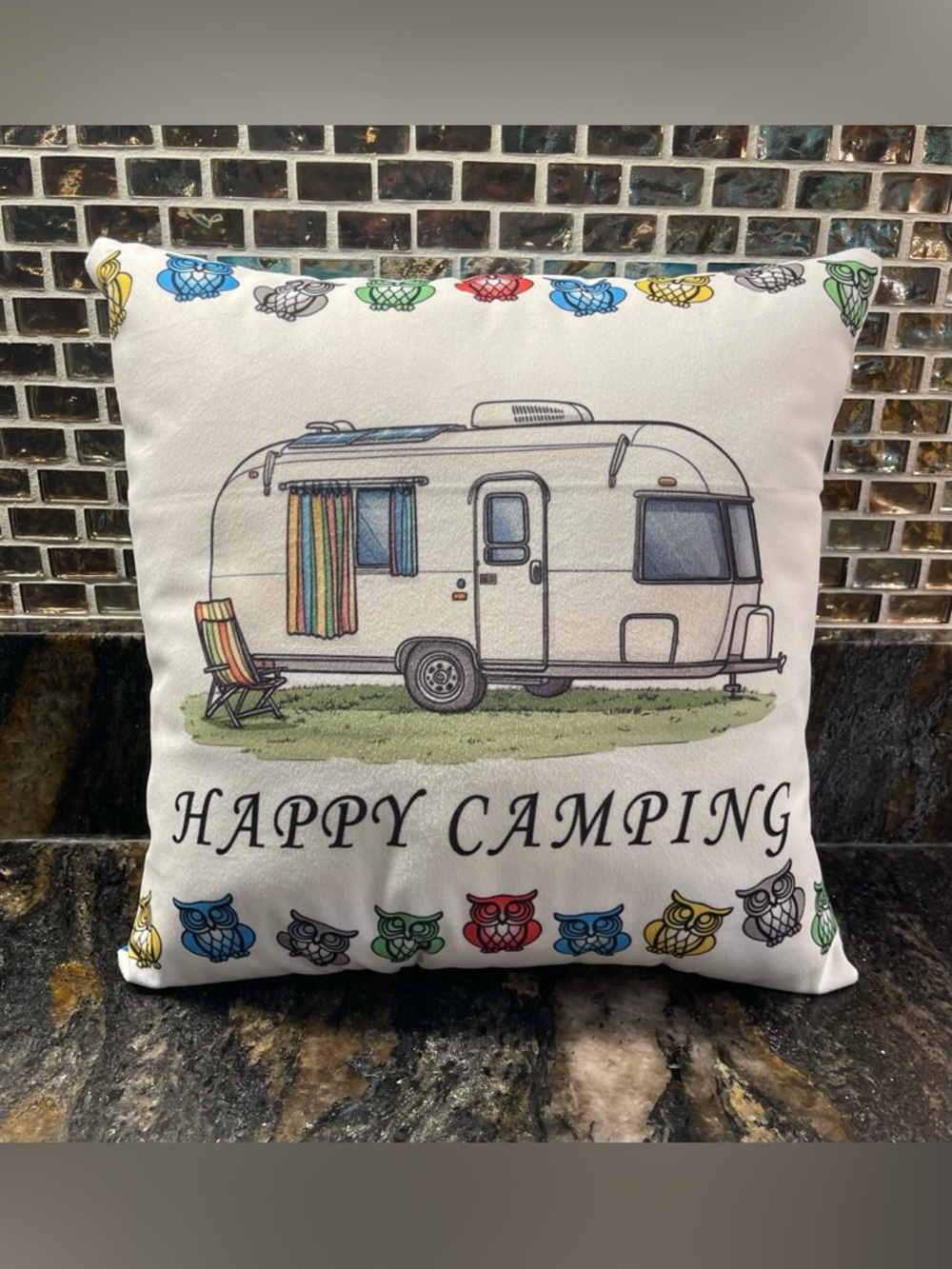 Handcrafted Happy Camping Owl Decorative Pillow Waterproof